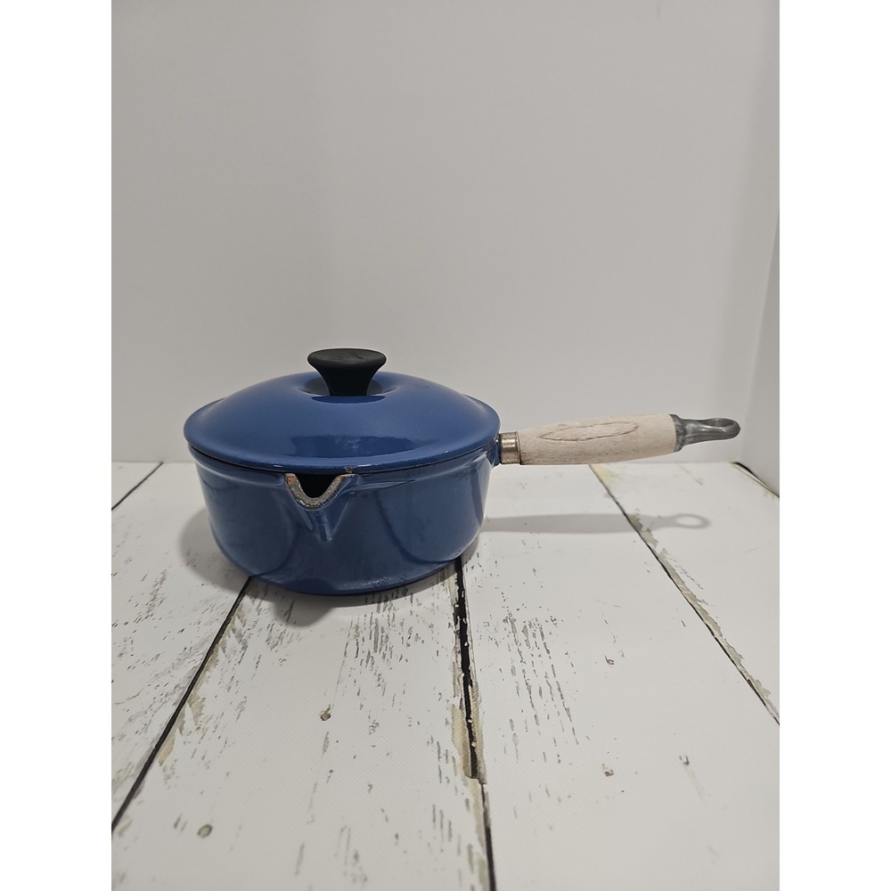 Le Creuset Vintage #18 Blue Enameled Cast Iron Saucepan w/ Wooden Handle & Lid